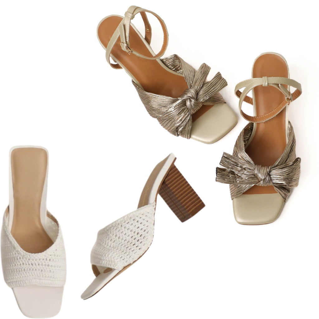 Image of avenue des champs footwear, Julie Metallic Knotted Ankle Strap Heels & Adelaide White Crochet Heels